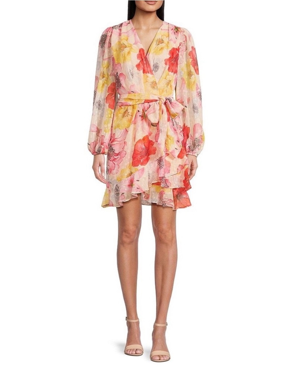 Alex Marie Floral Wrap Mini Dress in Pink, Yellow and Coral